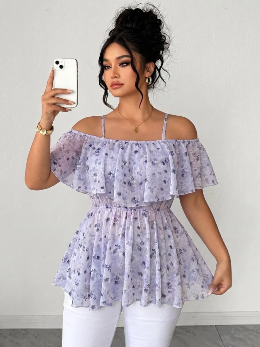 Elenzga Curve Purple Floral Ruffle Cold Shoulder Peplum Top 1XL